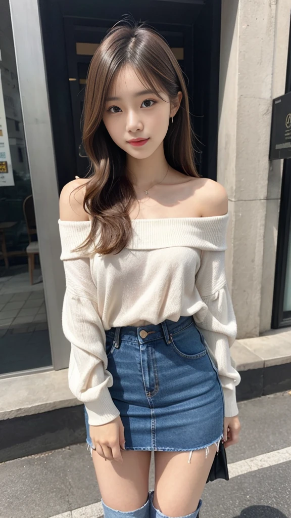 Taiwanese women,Female Model,Slim,Good shape,HD, off-shoulder shirts , low waist jeans mini skirt,boots,blond