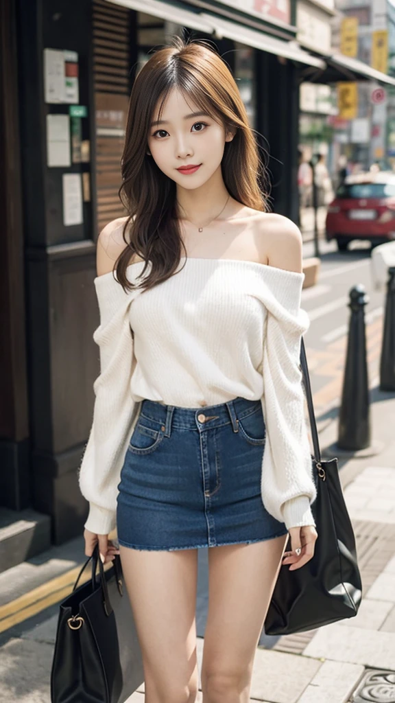 Taiwanese women，Female Model，Slim，Good shape，HD， off-shoulder shirts , low waist jeans mini skirt，boots，blond