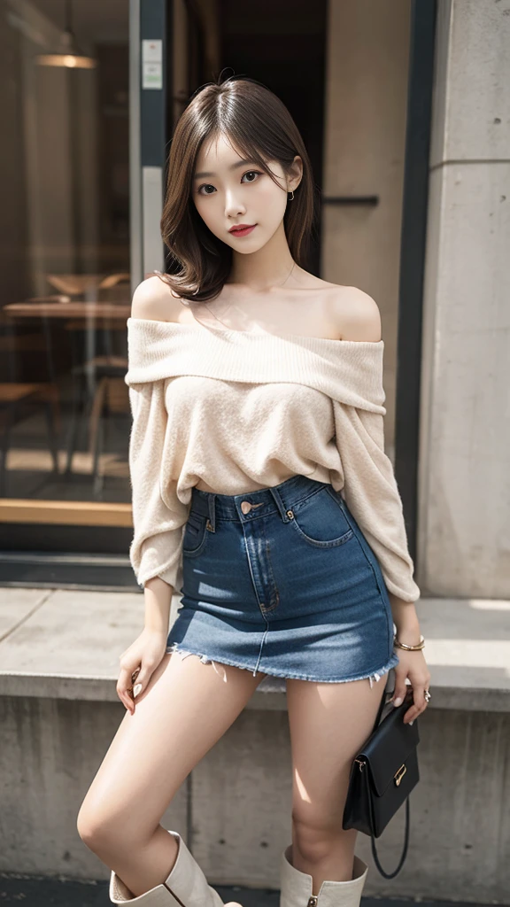 Taiwanese women,Female Model,Slim,Good shape,HD, off-shoulder shirts , low waist jeans mini skirt,boots,blond