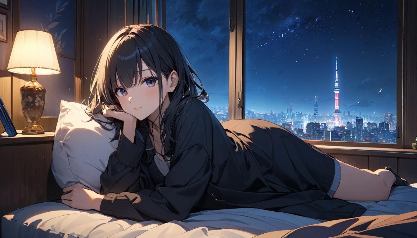 (Highest quality), Girl resting in a room,Large windows,Night view