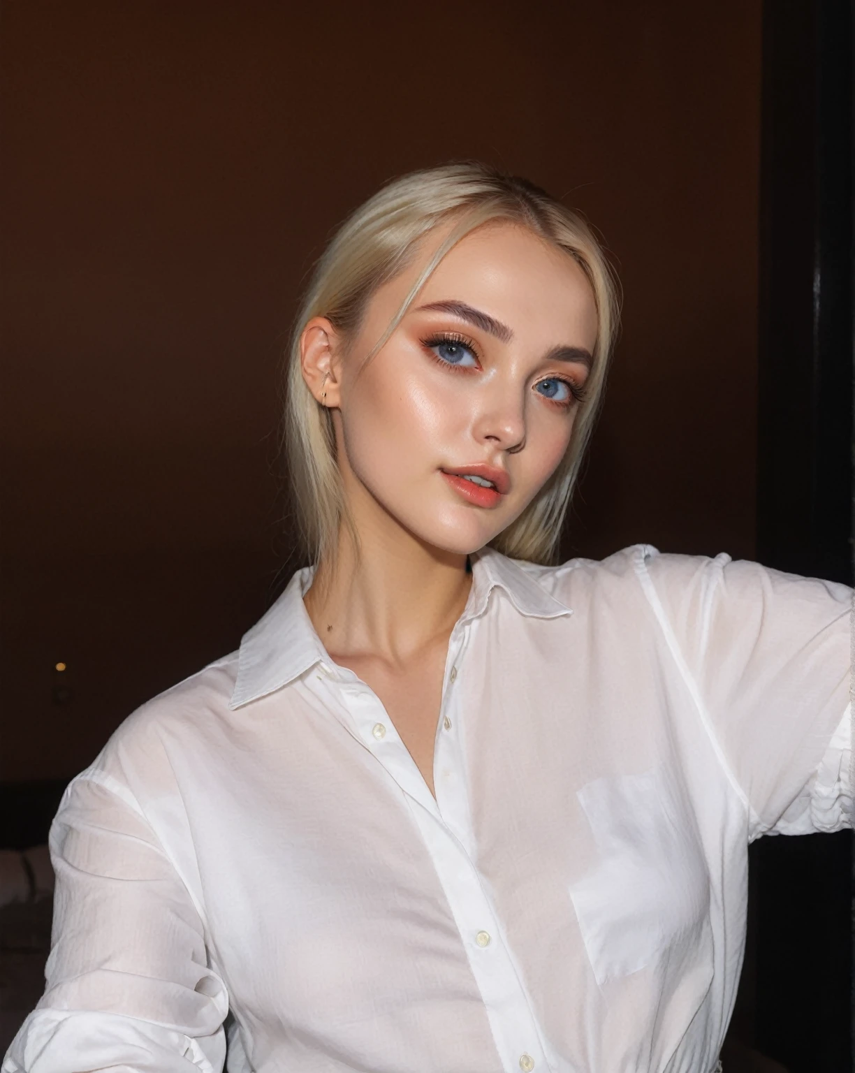 Blonde woman in white shirt taking selfie with cell phone, portrait of kim petras, blonde hair and big eyes, olga buzova, 18 years, profile headshot, face like being exposed, Dasha Taran, Anastasia Ovchinnikova, dressed in white shirt, AUNT MASSIVE, taken in the early 2020s