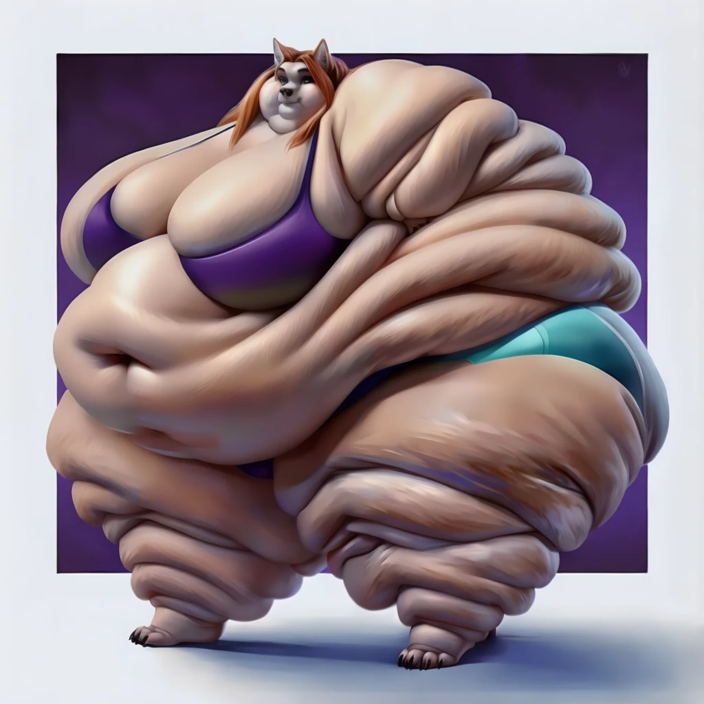 Wolf, female, long hair, huge breasts, huge hips, huge thighs, plump, voluptuous, morbidly obese, fat arms, fat legs, belly rolls, gorgeous, beautiful, eyelashes, feminine, realistic, huge body, corpulent, massive silhouette, feminine,fat arms, fat legs,fat rolls, saggy breasts, chubby cheeks, double chin , belly overhang, flabby belly ,fat face,underwear, bra,panties, realistic , gorgeous, beautiful, eyelashes , double chins