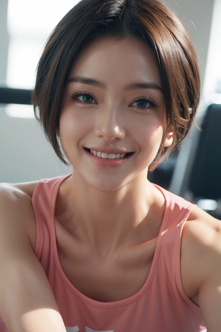 masutepiece, best quality, illustration, super detailed, high resolution, amazing details, 8K wallpaper, perfect dynamic composition, beautiful detailed eyes, sportswear, mid chest, natural color lips, random sexy pose, smiling face, training in gym, 20 year old girl, bob hair, short hair