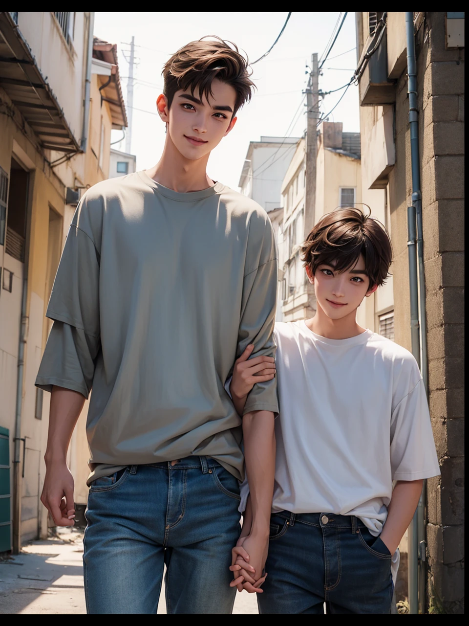 Anime guy, 21 years old, handsome, cuberpunk, smiling expression, with brown hair parted in middle, shoulder lengeth brown hair on right side of face, short brown hair smoothed towards back on the left side of face, holding left hand up in a peace hand sign, yellow eyes, clay grey T-shirt, skinny biker blue jeans, standing next to white flat faced monster, in abandoned city street