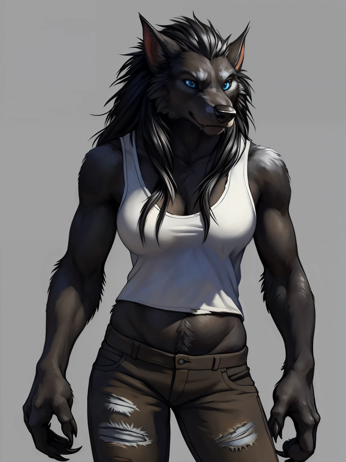 solo, ultra detailed), a beautiful and detailed full size portrait of a female anthro, canid, worgen, ((black body, dark skin, fur, long hair, black hair)), big body, adult, mature, fur, non-mammal breasts, looking at viewer, blue eyes, wide eyed, detailed background, looking at viewer, detailed eyes, sexy body, goddess, kenket, Ross Tran,ruan jia, trending on artstation, foxovh, ((torn white tank top, torn brown pants)), ((front view)), big butt, ((expressive, concerned posture, sad)), simple background, grey background