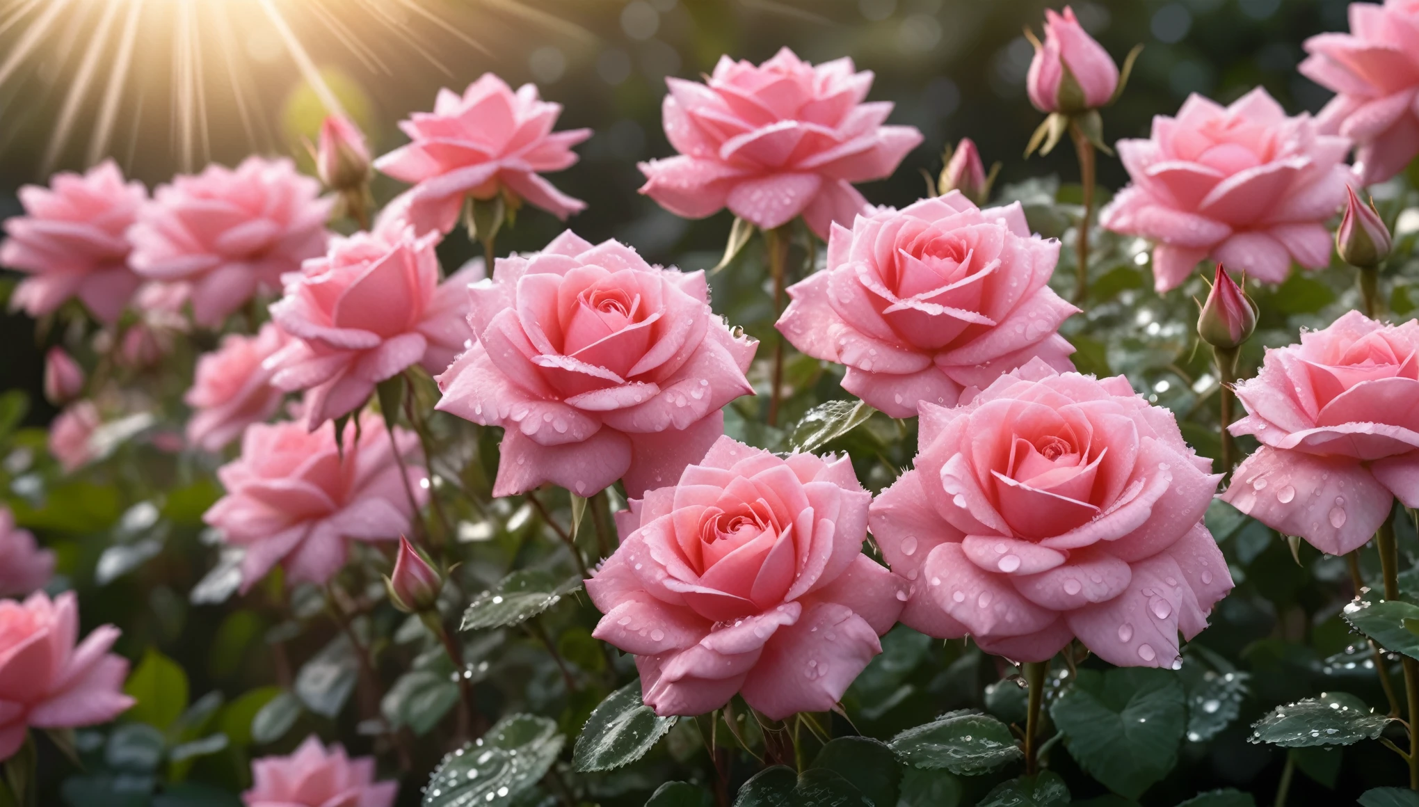 Many pink color rose flowers in the garden and sunlight with bokeh, dew drops on flower petals,automatic optional scene (masterpiece, ultra quality, high resolution, 8k, intricate: 1.2), (masterpiece), (best quality:1)