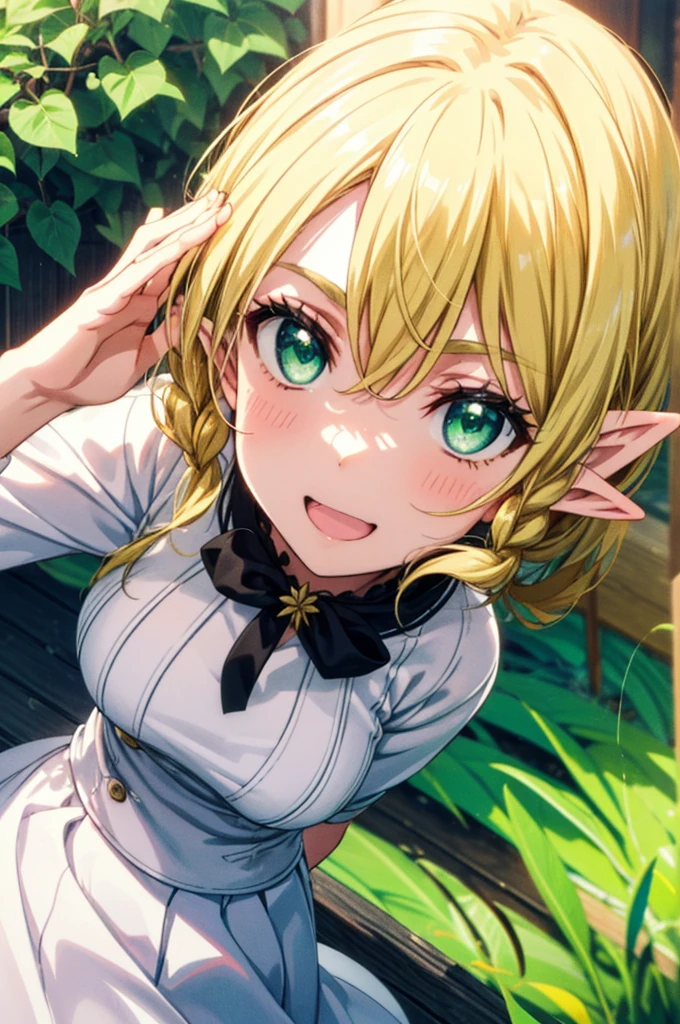 Suguhakirigaya, Suguhakirigaya, Long Hair,Blonde,Green Eyes,Pointy Ears,Short braids,happy smile, smile, Open your mouth,Big Breasts,White straw hat,White sleeveless dress, bare arms,Green long skirt,Cute Sandals,Walking,Clear skies,whole bodyがイラストに入るように,
break outdoors, nature, forest,
break looking at viewer, whole body,
break (masterpiece:1.2), Highest quality, High resolution, unity 8k wallpaper, (shape:0.8), (Beautiful attention to detail:1.6), Highly detailed face, Perfect lighting, Extremely detailed CG, (Perfect hands, Perfect Anatomy),