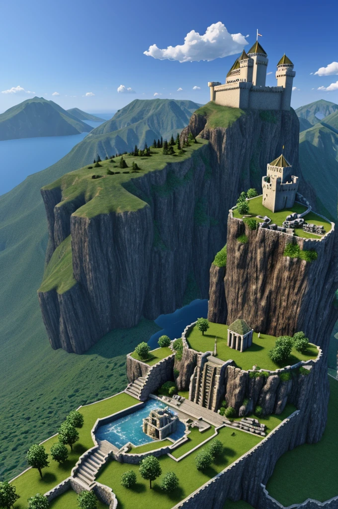 Generate a Greek castle, let it be high, spacious, with more mini castles next to it, waterfalls and a statue of a dragon