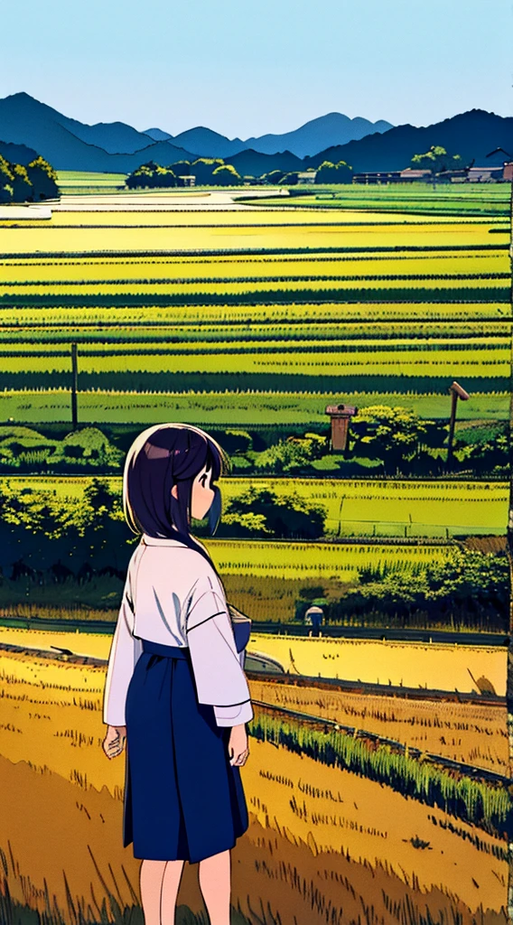 Japanese summer nostalgic nature rice field a girl stands on the side of the road