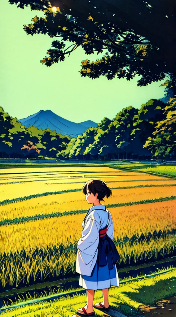 Japanese summer nostalgic nature rice field a girl stands on the side of the road