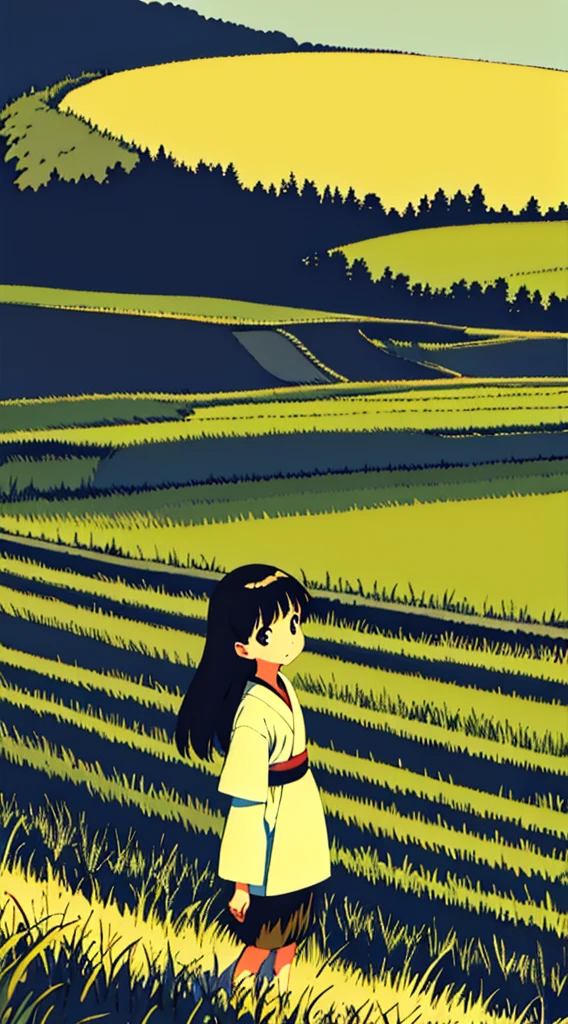 Japanese summer nostalgic nature rice field a girl stands on the side of the road