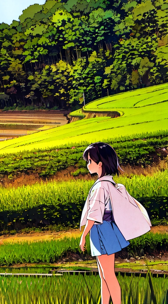 Japanese summer nostalgic nature rice field a girl stands on the side of the road