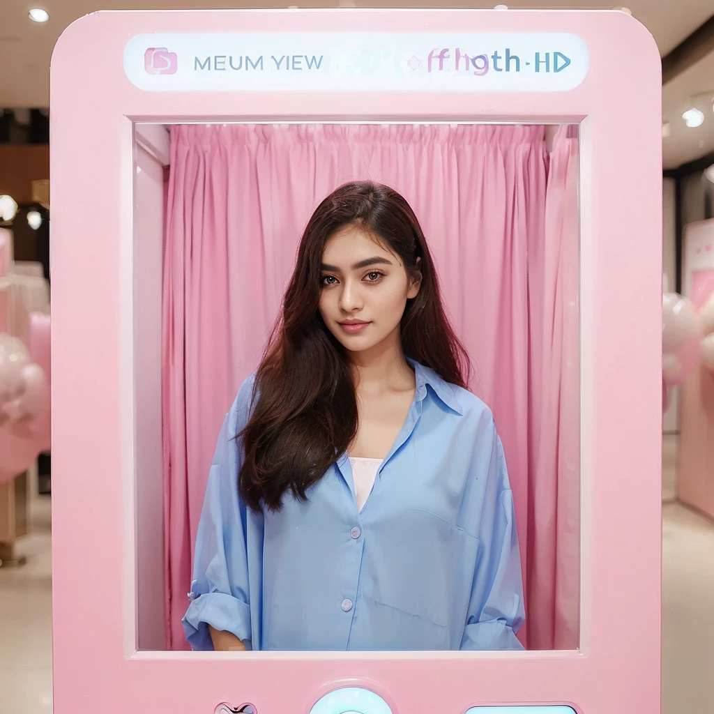 arafish photo of a woman in a pink frame with a pink background, 8k selfie photograph, booth. pm, photo booth, face with artgram, aesthetic cute with flutter, 4 0 mp, 40mp, 8k --height 768, 50mp, product introduction photos, ruan cute vtuber, instagram model