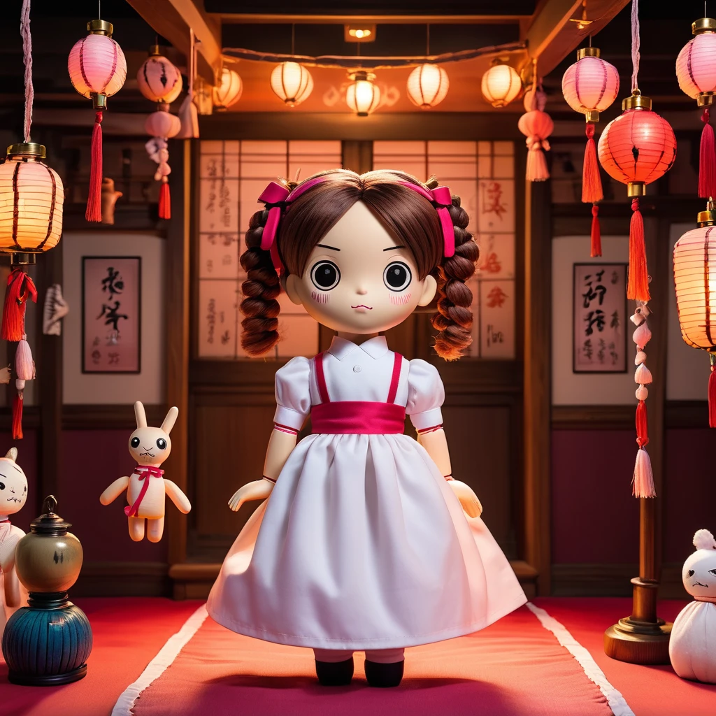 (knitted toy voodoo doll:2.0), (voodoo doll in the image of Chihiro Ogino from Spirited Away:1.3), (clothing: pink work uniform with white apron and red bow:1.0), (accessories: enchanted bath token that emits a soft glow, floating soot perfume:1.1), (background: mystical bathhouse with lanterns, ornate architecture and otherworldly atmosphere:1.2), best quality, masterpiece, detailed soft oil painting, detailed background, dramatic cinematic lighting, soft edge lighting, professional, dramatic lighting, hard edge lighting, ultra quality, 4k,masterpiece, best quality, 8k, ultra highres, highres, extremely detailed