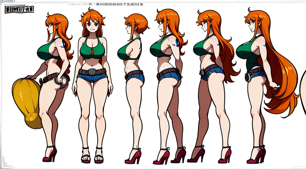 ((Best Quality)), ((Masterpiece)), (((detailed character sheet, frontal view, side view, three quarter view))) white background、one piece、US、whole body、whole bodyイラスト、whole bodyアニメーション、whole bodyリファレンスシート、denim、Tank top、High heels、Swimwear、Bikini、original、New World、Long Hair、Orange Hair、Tattoo on left arm、Ring belt、Heighten your head、smile、Cute face、Big Breasts、Narrow waist、Long legs、Beautiful feet、9 heads