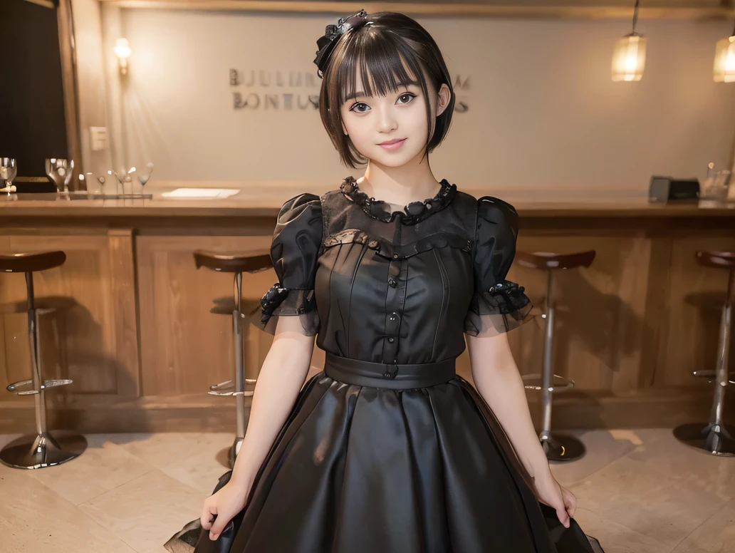 (Highest quality, masterpiece, Ultra-high resolution, 8K, RAW Photos, Realistic, Anatomically correct:1.5), 20-year-old girl:1.2, Embarrassing, avert your eyes, blush:1.0, View Viewer, ((Bar Lounge)) 、Large windows、Night view、 Light:1.2, Bokeh, Cinema Lighting:1.0, Depth of written boundary, sharp、 Cute face、Idol、(Black short sleeve tulle top)、(Black ruffle skirt)、(Black clothing)、”(dwarf)”、(Floral clothes)、(Full Body Shot)、Side angle、Cowboy Shot、 smile、(Ultra short hair)、(Short bob cut)、(Straight bangs)、(( One Girl))、Large Breasts、(Navel shows through)、