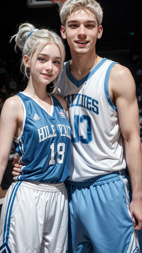 female teenager with white hair up , light blue eyes and white skin, basketball player holding his partner smiling
