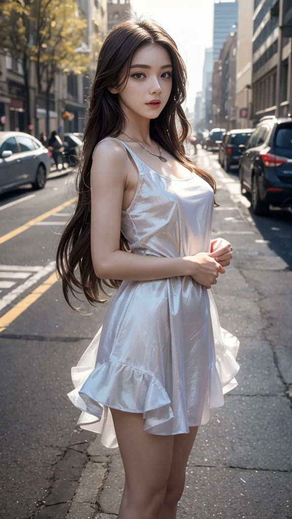 8K, UHD, MAsterpiece, best quality, 1 girl, (realistic face), very long hair, small breasts, street fashion dress, sardine, loops, ipllers, depth of field, light from the front, Light shines into the face, knee short, standing, Arms wrapped around body (self-hug), Face (Excitement, Surprise, Awe)