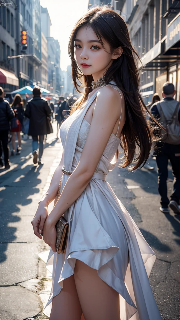 8K, UHD, MAsterpiece, best quality, 1 girl, (realistic face), very long hair, small breasts, street fashion dress, sardine, loops, ipllers, depth of field, light from the front, Light shines into the face, knee short, standing, Arms wrapped around body (self-hug), Face (Excitement, Surprise, Awe)