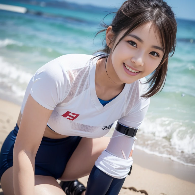 (2 beautiful Korean women volunteers, 8, wearing White Tight Lightweight Synthetic Korea Volleyball Jersey, Red Spandex Shorts, Ankle Braces and Knee Pads, Collecting Ocean Debris, Early Dawn On The Beach, thoughtful expressions, kind smile, dimpled chins, cute snaggle-tooth, short hair ponytail, symmetrical face, beautiful detailed face, beautiful detailed eyes, perfect body proportions, ample round bosomotorealistic, hyper-realism, high contrast, ultra HD, realistic skin textures, top image quality, top-quality, super high resolution, fine details, very meticulously, masterpiece, head to knees, High Angle Shot, bokeh background) #WorldOceansDay