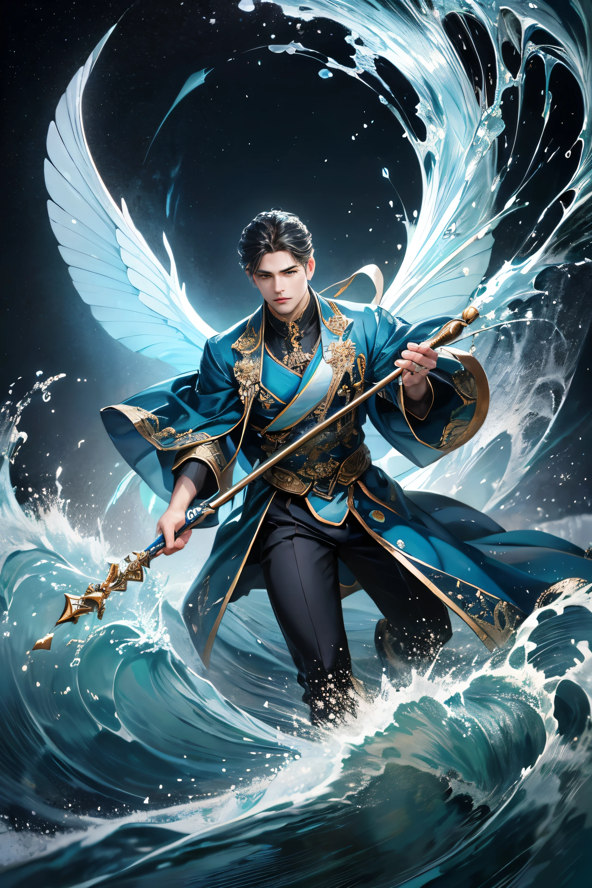 "Create an ultra-realistic image of a strikingly handsome male fairy with large, graceful wings that reflect the essence of water and waves. He should be holding a water staff that radiates the energy of flowing water. Dress him in an elegant, dark blue outfit that captures the depth and mystery of the ocean. Surround him with elements of water, such as dynamic waves and cascading waterfalls, to highlight his connection to this element. Include a distinct water symbol or design on his body, indicating his role as the keeper of water and the deep ocean, showcasing the powerful aquatic energy he embodies within him."
