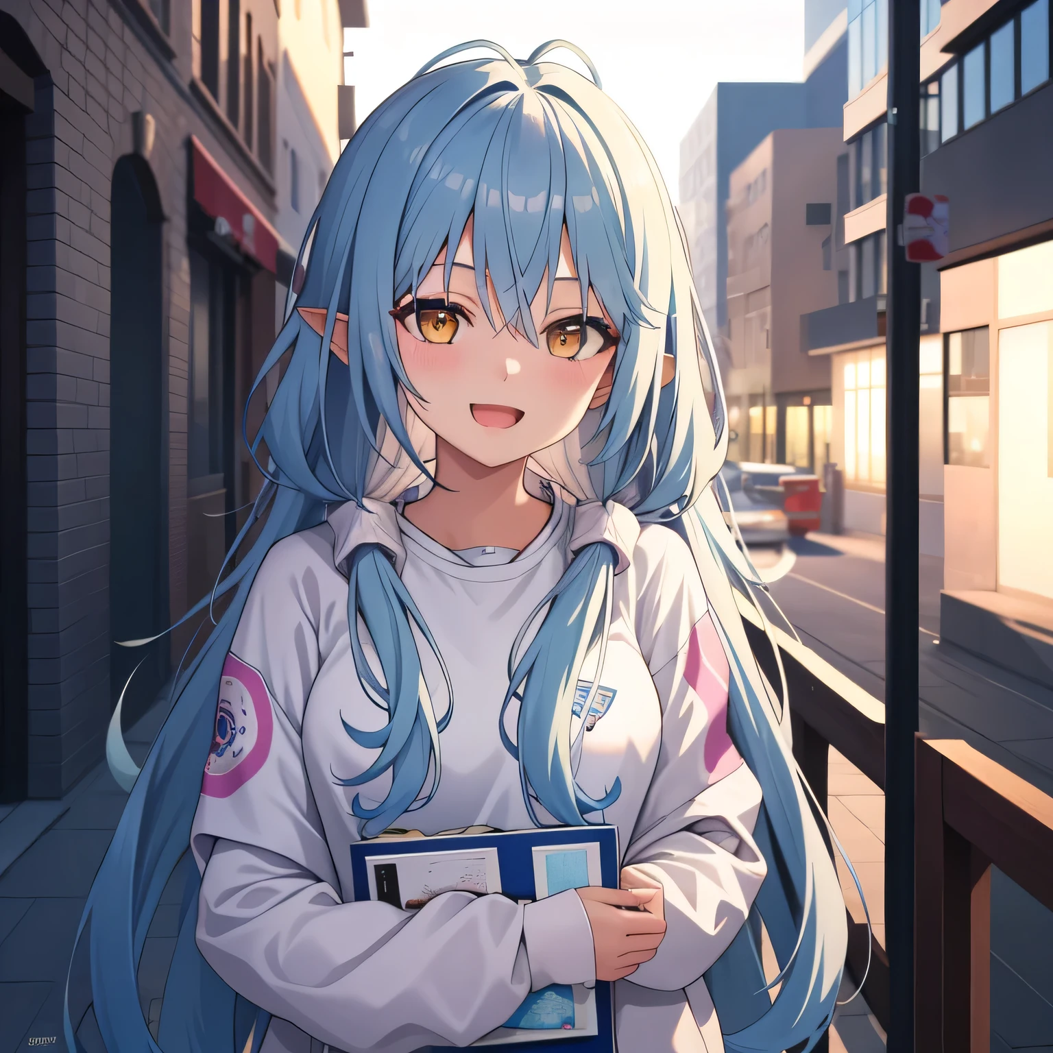 masterpiece, best quality, 1girl, solo, blush, yukihana lamy, long hair, hair between eyes, (( streetwear clothes)), smiling, open mouth, city, outdoors, daylight, extremely detailed 8K, smooth, high resolution, ultra quality, cinematic lighting, ambient occlusion, hd, 2k, 4k, 8k, 16k, extremely detailed anime, detailed faces, perfect composition, wide shot, atmospheric lighting, 