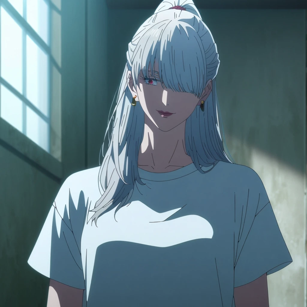 1girl, female gojo satoru, anime screencap from jujutsu kaisen, gojo satoru female version, solo, long_hair, Red eyes (silver_hair)), (hanging breasts) upper_body, smile, indoors, book, red_eyes, lips, ( ponytail) ((wearing t shirt, cross amra) breast, "very detailed and high resolution" (Red eyes)  ((long hair, hair over one eyes)) ((solo)) (front view) (earings) ((high resolution)) ((good quality)) ((side bangs))