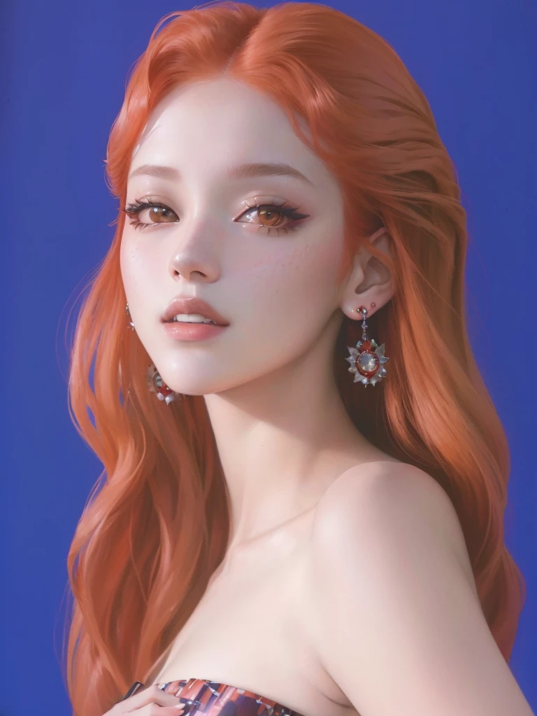 Arafed woman with red hair and earrings posing for a photo., portrait of jossi de blackpink, blackpink jisoo portrait, bae suzy, jossi de blackpink, she has long orange hair, jinyoung shin, aesthetic!!!!!! female genius, female korean idol portrait, high resolution scan, high resolution scan, glossy magazine photo shoot, mega scans, from my part