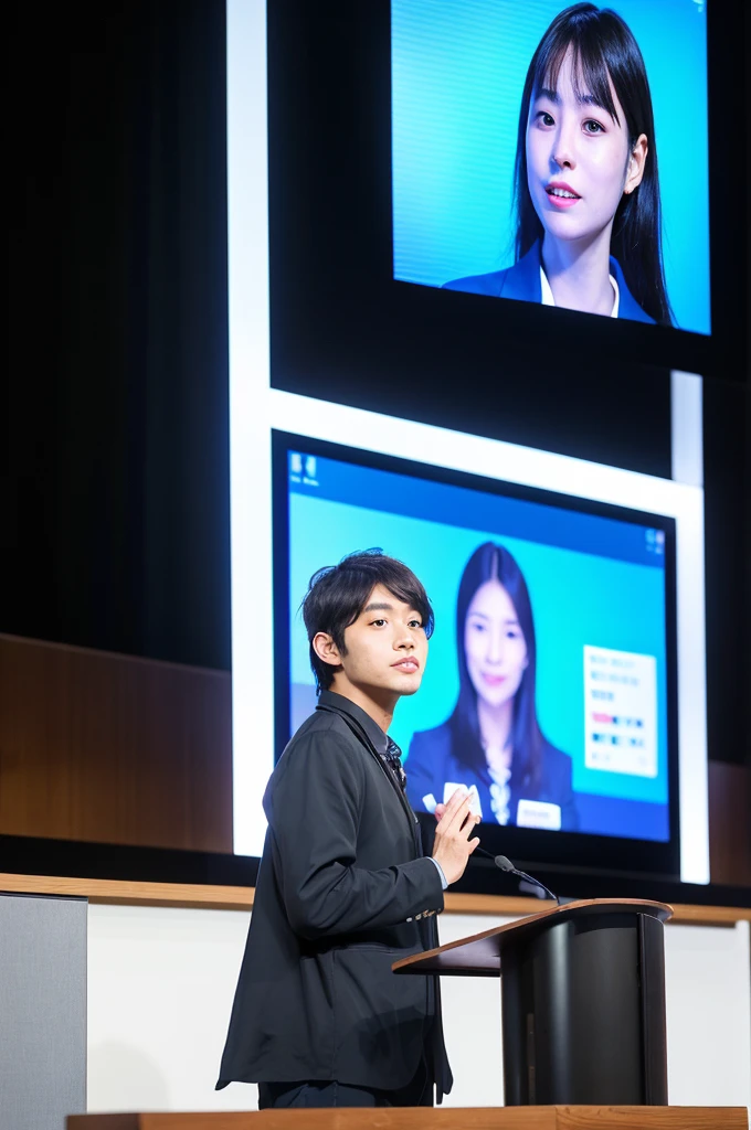 (masterpiece:1.2), (Highest quality:1.1), Ultra-high resolution, 8K, (Photo Real:1.2), (Depth of written boundary), Full-body images、Presenting in front of a large conference screen、The graph is displayed on the screen、A face with attention to detail, Body with attention to detail,A boring 30-year-old Japanese male office worker、Lively face、Bright Face、The presentation was a great success