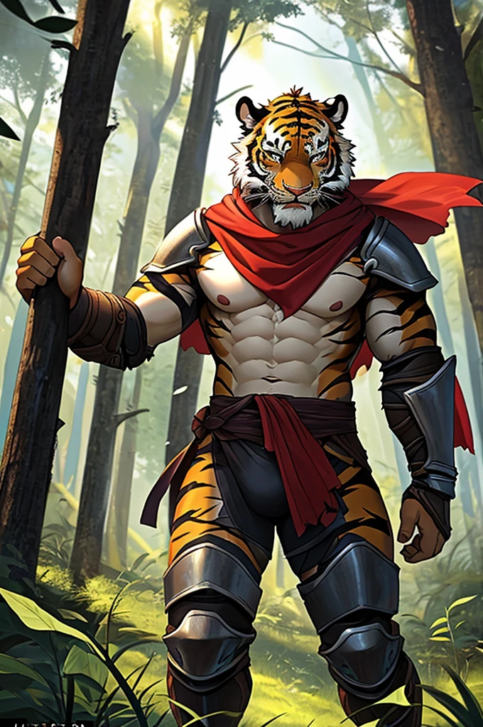 Tiger, Adults,Strong,handsome,warrior,Scantily clad(Scapula,Armor knee pads,Crotch bulge,Red torn shawl,Bare chest and abdomen),expression(unyielding,Perseverance,fighting spirit),Alone,Look directly into the camera,environment(Empty area in the forest,Low weeds,pine)
