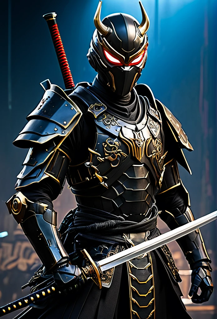 araffe dressed in a black suit holding a sword and a sword, cyborg samurai, cyber japan samurai armor, cyberpunk samurai, very beautiful cyberpunk samurai, full samurai armor spiderman, bio - mechanical ninja samurai, portrait of a cyberpunk samurai, cyber japan style armor, cyber japan armor, celtic and cyberpunk armor, black bull samurai, intricate assasin mecha armor