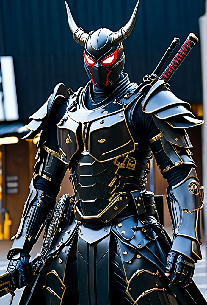 araffe dressed in a black suit holding a sword and a sword, cyborg samurai, cyber japan samurai armor, cyberpunk samurai, very beautiful cyberpunk samurai, full samurai armor spiderman, bio - mechanical ninja samurai, portrait of a cyberpunk samurai, cyber japan style armor, cyber japan armor, celtic and cyberpunk armor, black bull samurai, intricate assasin mecha armor