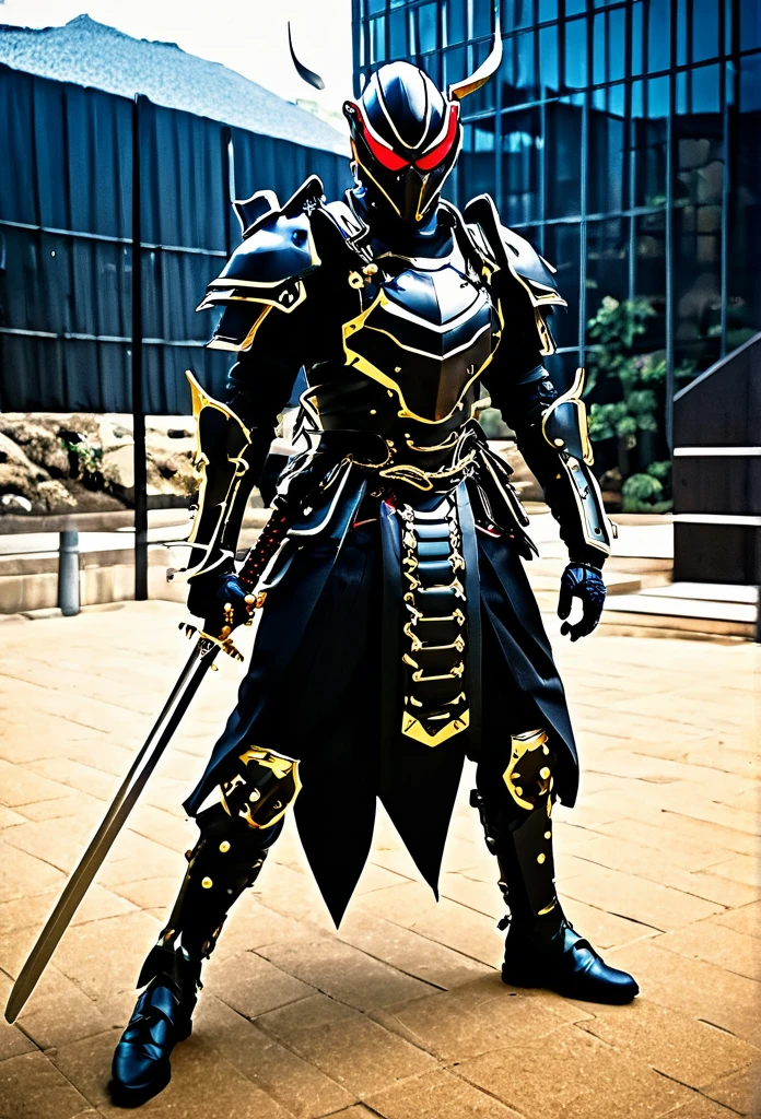 araffe dressed in a black suit holding a sword and a sword, cyborg samurai, cyber japan samurai armor, cyberpunk samurai, very beautiful cyberpunk samurai, full samurai armor spiderman, bio - mechanical ninja samurai, portrait of a cyberpunk samurai, cyber japan style armor, cyber japan armor, celtic and cyberpunk armor, black bull samurai, intricate asin mecha armor