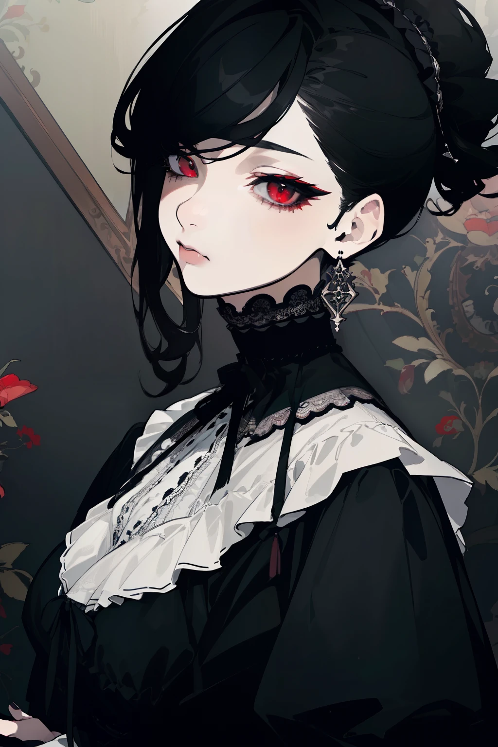 (Highest quality、masterpiece:1.2), ((Mature Woman))Huge , Adult face、Black Hair、Both sides up、Red eyes, (Dark eyeshadow、Lots of earrings) Gothic Dress, Black Dress, Victorian dress