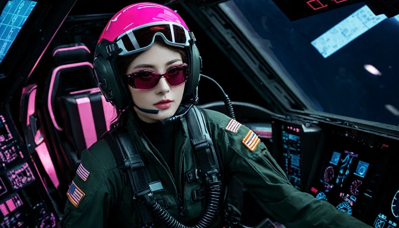 One girl, (Beautiful Face), Female fighter jet pilot, Holding a pilot pink helmet with LED interactive screen and HUD head up display on the visor, Visor-displayed targeting system, Communication Systems, Red Glasses、Open the visor, Sexy pose, Floating Hair, Are standing, (Upper thigh shot:1.3), DT Helmets, Pink combat suit, Advanced Fighter Background, (Intricate details), High resolution, (Intricate details, Ultra-detailed:1.2), Cinematic shots, ((masterpiece, high quality, 最high quality, Official Art, Beautiful and aesthetic, Detailed face, Fine grain)),