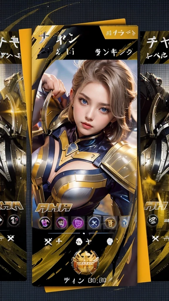 A beautiful woman. 20s. Blonde hair and blue eyes. Short hair. She is looking at the camera with a defiant expression. She wears a silver metallic battle uniform. There is something on his waist that is reminiscent of Kamen Rider's transformation belt. In her background is an image of outer space and a giant space battleship. A masterpiece.