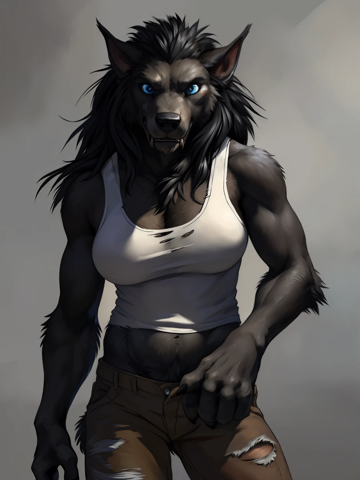 solo, ultra detailed), a beautiful and detailed full size portrait of a female anthro, canid, worgen, ((black body, dark skin, fur, long hair, black hair)), big body, adult, mature, fur, non-mammal breasts, looking at viewer, blue eyes, detailed background, looking at viewer, detailed eyes, sexy body, goddess, kenket, Ross Tran,ruan jia, trending on artstation, foxovh, ((torn white tank top, torn brown pants)), ((front view)), big butt, ((submissive pose, weak, scared, terrified)), simple background, grey background