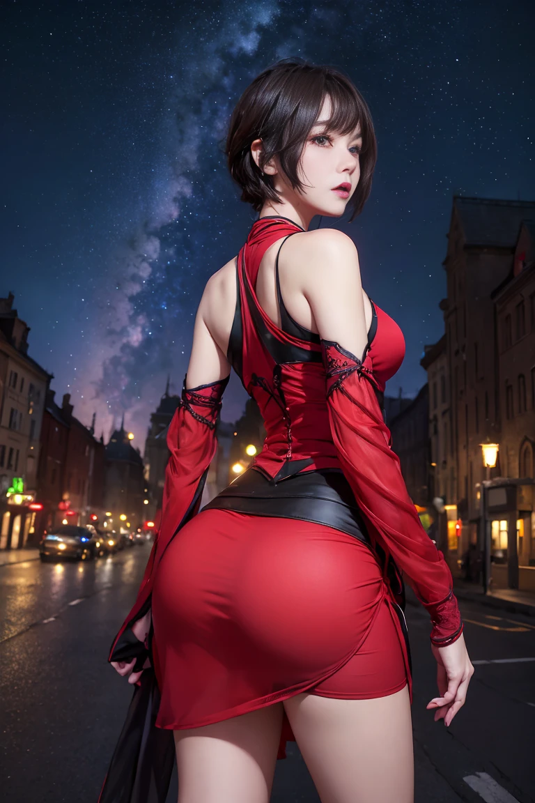 ((masterpiece)), (best quality),, official art, extremely detailed CG unity 8k wallpaper, highly detailed, shiny skin, Depth of field, vivid color,, 1girl, (curvy:0.4), (full body:0.6),, short hair, bangs, red eyes, skirt, looking at viewer, night, street, neon, looking back, star (sky), crowd, upper body,