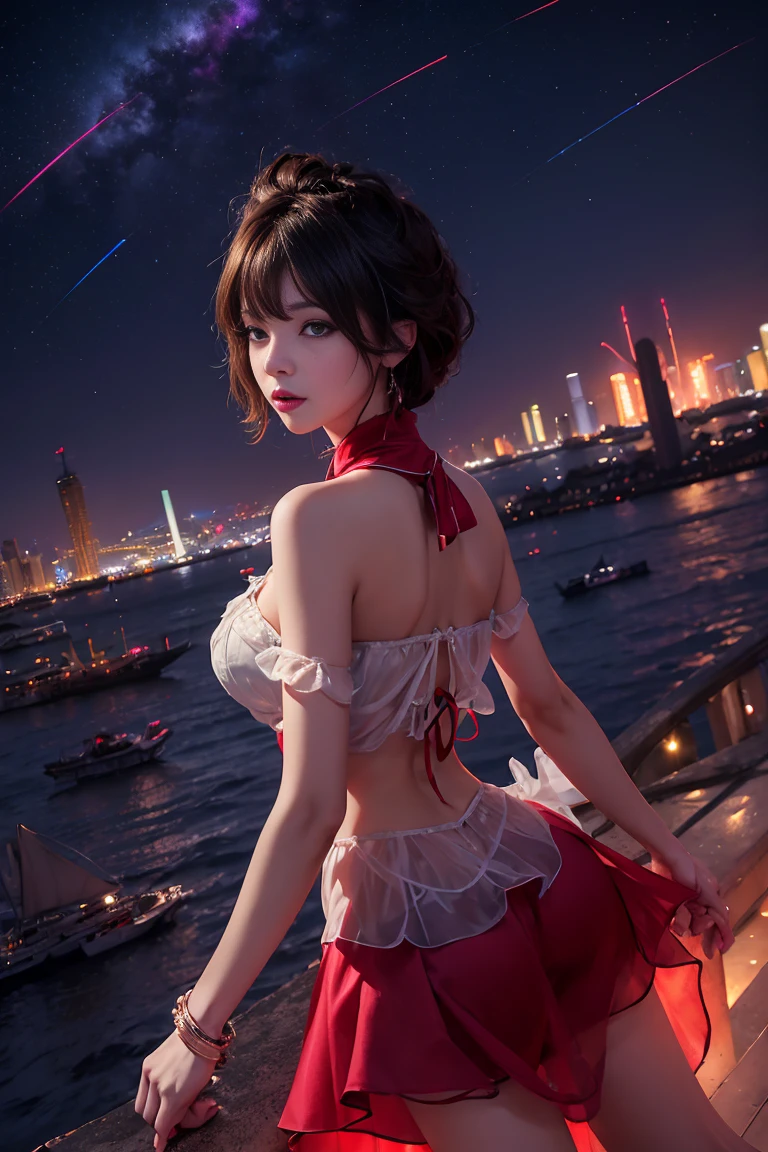 ((masterpiece)), (best quality),, official art, extremely detailed CG unity 8k wallpaper, highly detailed, shiny skin, Depth of field, vivid color,, 1girl, (curvy:0.4), (full body:0.6),, short hair, bangs, red eyes, skirt, looking at viewer, night, street, neon, looking back, star (sky), crowd, upper body,