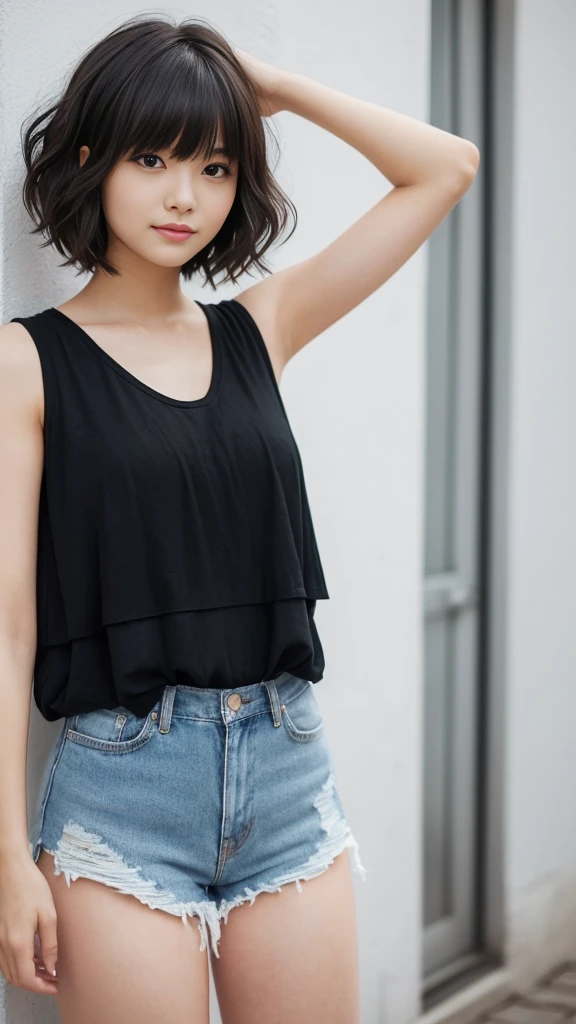 Landscape,Raise your arms,Emphasize the sides,(Highest quality, Very detailed, masterpiece:1.2), 1 women, Very thin body, length, Thin legs, ((Black wavy short layered cut hair hair:1.2)), ((Thick and fluffy bangs)), Very detailedな,((Over Size Tシャツ))