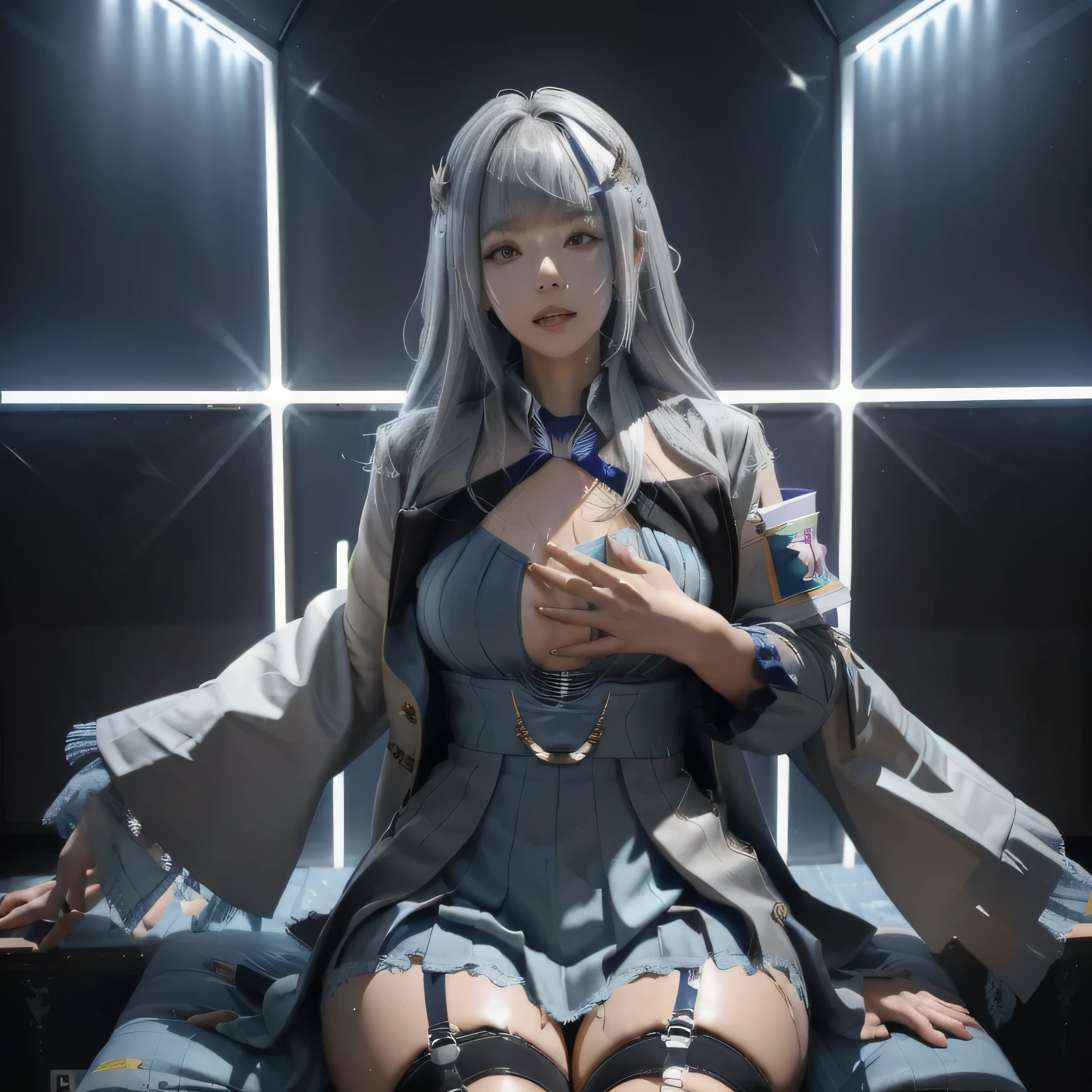 

,(((Liz Hellesta))),gameroomconcept,PC Desk,Sitting in a gaming chair,Preste,Game Controller,keyboard,((Looking at the smartphone in his hand)),vtuber,Game Now Streaming,White Delivery Room,Liz Hellesta髪１，((Dressed seriously)),(((Do not expose breasts))),masterpiece, Highest quality, Beautiful and sexy,(1 female), Liz Hell,cameltoe,(Straight gray straight hair,((Bangs)),((Beautiful Japanese girl face)),Thin face,Beautiful woman face,Precise depiction,Excellent costume design, charm, (real chest), (8k Full Body RAW Photo), (Highly detailed skin: 1.2), ((Oily skin)),smile, Highly detailed face, ((Grey Hair)),fine grain, ((Sweaty body)), (((Oily skin))),Inside the room,1 Girl,Open your mouth,(((Open your eyes))),(((View here))),(((Open your eyes))),(((Open your eyes))),(((Wide pelvis))),(((Very muscular and thick thighs Veins,))),Thigh gap,Shiny thighs.(((Narrow waist))),(Realistic:1.0),Front view,1girl,lh1, (((White lace panties))),cameltoe,(((Hairy pubic hair))),Hairy Pussy,(((Black pubic hair))),Viscous love juice is dripping,Hair Ornament Net、Long Hair、Long sleeve、Pleated skirt、(Shiny blue silk thigh-high socks)、((Armband))、Blue pleated mini skirt、((White jacket, cotton material))、(tight white shirt)、Blue Skirt、(Metallic black thigh straps),(((Front view))),Focused on PC gaming,((Open your mouth)),Showing teeth,Constricted eyes１，
