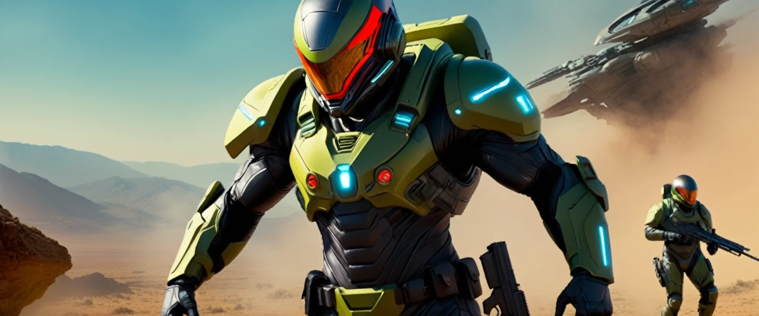 1man, Soldier, futuristic combat suit, cutting-edge firearm of the future, el fondo es una guerra espacial con miles de Soldiers luchando contra extraterrestres , Masterpiece, Best Quality, super detailed and vivid colors.
