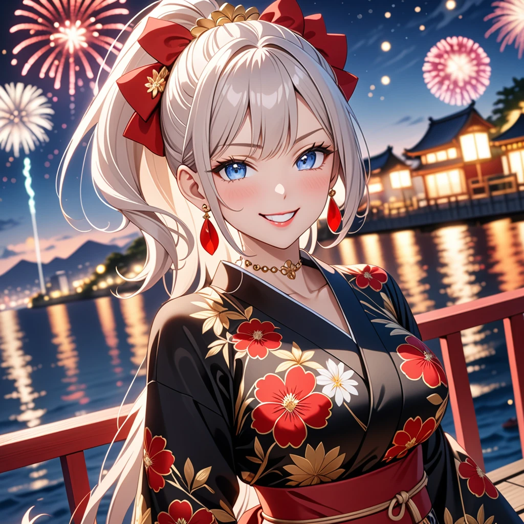 ((One personの女性)), Beautiful Face, (Laughing embarrassedly), (smirk:1.4), ((Wink:1.5)), (head tilt:1.3), Laugh with your mouth wide open, upper teeth, looking at viewer, (Doing sexy poses), ((Bright red cheeks:1.4)), Glossy Red Lips, night,Terrace with sea view, firework, Glossy pink lips, Shining Face, ((Anime style background)),masterpiece, Highest quality, so beautiful,up to date, Complex details, (long nails of red color), (nail art), (ring),(bracelet),(Floral choker), (helix piercing), AI-generated, Complex,High resolution, Highest quality, super high quality,3D Images、3D Images,One person,Long white hair,High Ponytail, Anime woman posing for a photo, ((blue eyes:1.2)), ((Fine grain、Silvery white eyes、Shining Eyes:1.1)), (Squint your eyes:1.1),a hyperRealistic , hyperRealistic , Realistic,Anime woman with long white hair, Smooth anime CG art, (A woman in a colorful kimono with gold embroidery), ((Black long sleeve kimono:1.3)), Red floral pattern,Long flower hair ornament,Earrings,Mature Body,(Big Breasts:1.2),Tall,Abdominal muscles,Tight waist, ((face focus:1.5)), (dutch angle:1.3),