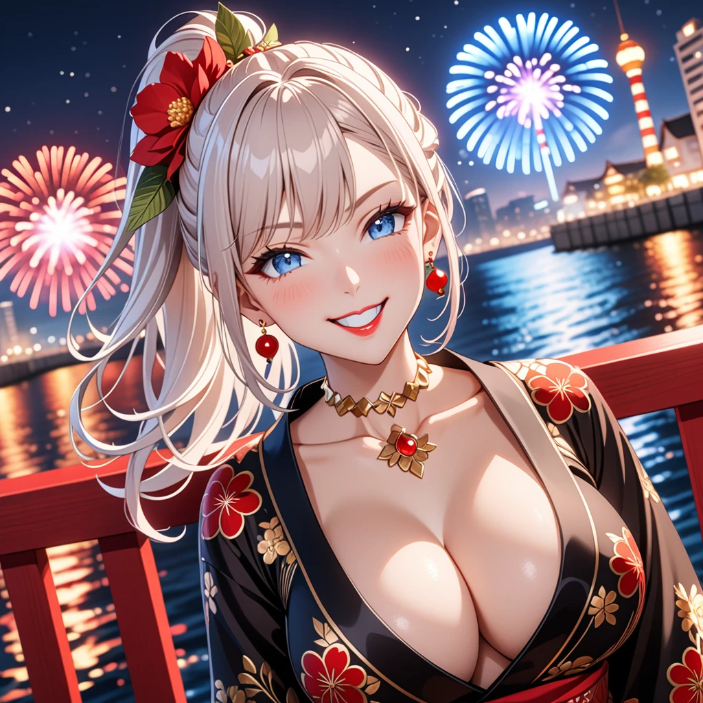 ((One personの女性)), Beautiful Face, (Laughing embarrassedly), (smirk:1.4), ((Wink:1.5)), (head tilt:1.3), Laugh with your mouth wide open, upper teeth, looking at viewer, (Doing sexy poses), ((Bright red cheeks:1.4)), Glossy Red Lips, night,Terrace with sea view, firework, Glossy pink lips, Shining Face, ((Anime style background)),masterpiece, Highest quality, so beautiful,up to date, Complex details, (long nails of red color), (nail art), (ring),(bracelet),(Floral choker), (helix piercing), AI-generated, Complex,High resolution, Highest quality, super high quality,3D Images、3D Images,One person,Long white hair,High Ponytail, Anime woman posing for a photo, ((blue eyes:1.2)), ((Fine grain、Silvery white eyes、Shining Eyes:1.1)), (Squint your eyes:1.1),a hyperRealistic , hyperRealistic , Realistic,Anime woman with long white hair, Smooth anime CG art, (A woman in a colorful kimono with gold embroidery), ((Black long sleeve kimono:1.3)), Red floral pattern,Long flower hair ornament,Earrings,Mature Body,(Big Breasts:1.2),Tall,Abdominal muscles,Tight waist, ((face focus:1.5)), (dutch angle:1.3),