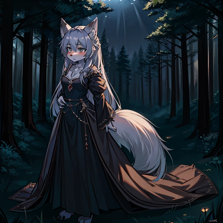 Wolf furry, wolf ears, grey wolf, wolf girl furry, wolf tail, long gown dress, forest, night, moonlight,