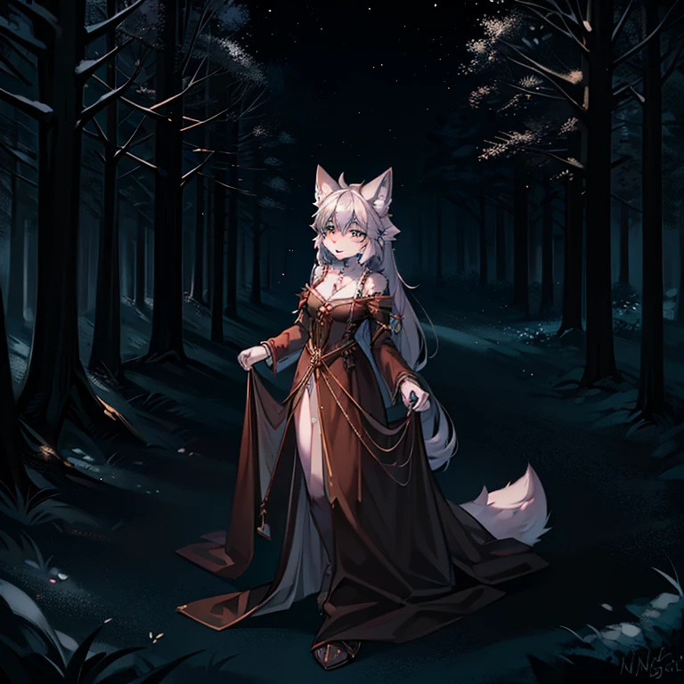 Wolf furry, wolf ears, grey wolf, wolf girl furry, wolf tail, long gown dress, forest, night, moonlight,