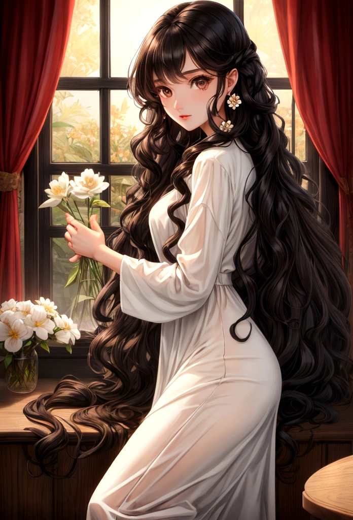 girl, YOUNG, Women, long curly black hair, long hair, curly hair, Brown eyes, hazel eyes, pale skin, clothing dress, flores, light brown eyes, sexy, sensual.