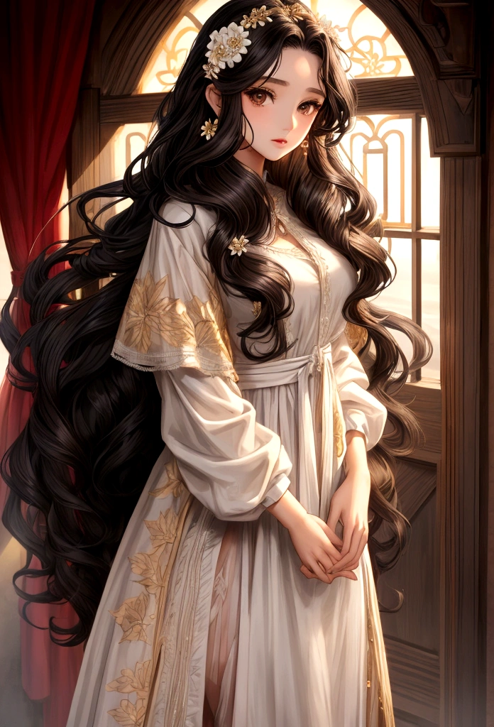 girl, YOUNG, Women, long curly black hair, long hair, curly hair, Brown eyes, hazel eyes, pale skin, clothing dress, flores, light brown eyes, sexy, sensual.