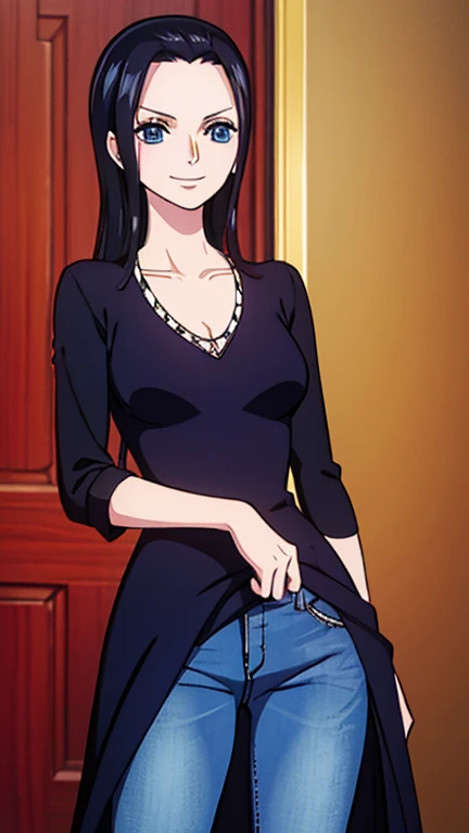 Nico robin, 1girl, solo, looking at viewer, cowboy shot, smiling, black hair, open hair, pirate, blue cerulean eyes, one piece nico robin, blue full jeans, dark purple dress, luxury room background, golden