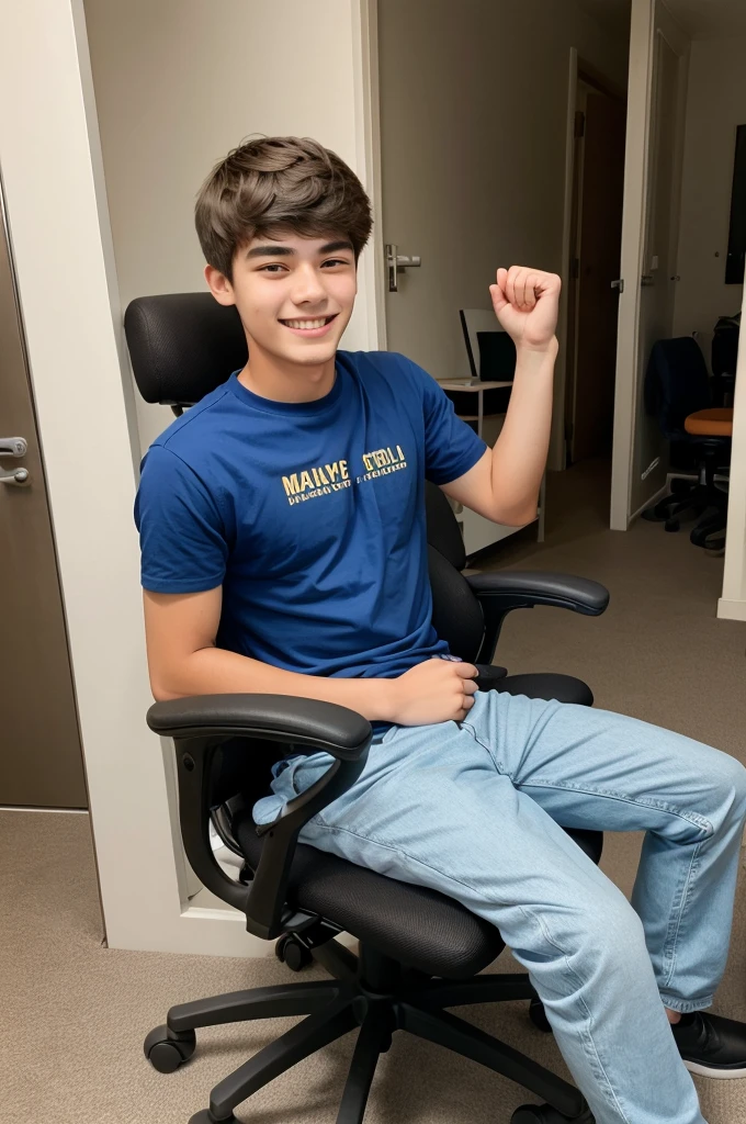 Make photo of 19 year old boy get his first job and he so happy and healthy sitting on his chair